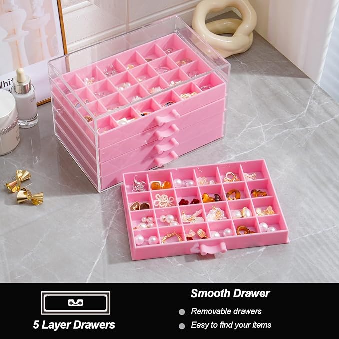 YUFONG Earring Storage Box Organizer, Acrylic Jewelry Storage Box Holder 5 Drawers Transparent Jewelry Display Stand with 120 Small Compartments Gift Boxes for Women Girls (Pink)