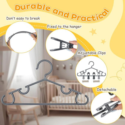 Hsei 5/10/40 Pack Baby Hangers with 10/20/80 Clips, Plastic Kids Pants Hangers for Nursery Closet Top and Bottom Clothes Hanger Set for Newborn Infant Toddler(120 Packs Total,Gray,10.6 Inch)
