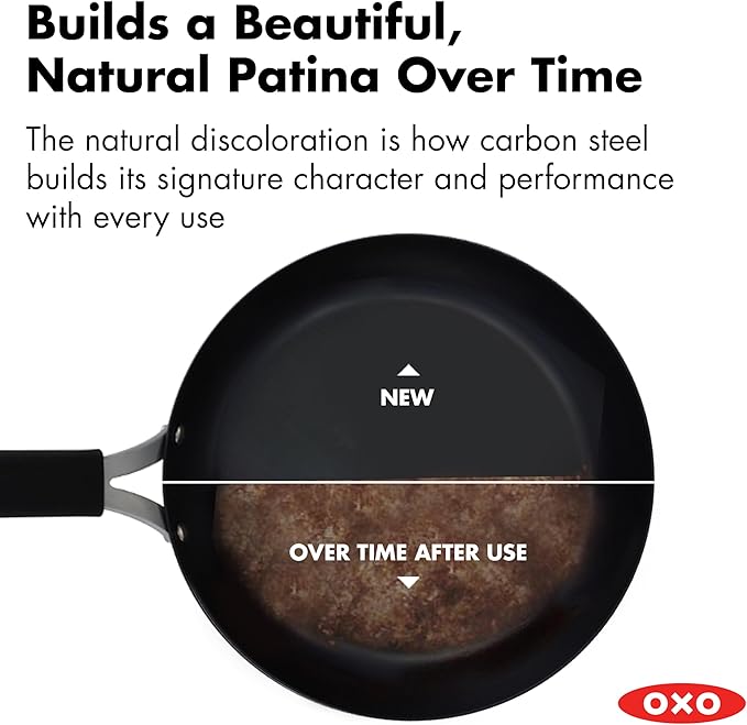 OXO Obsidian Pre-Seasoned Carbon Steel, 12" Frying Pan Skillet with Removable Silicone Handle Holder, Induction, Oven Safe, Black