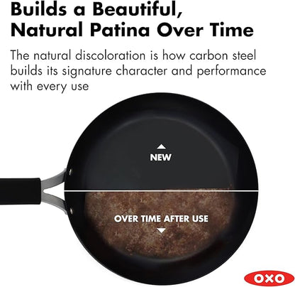OXO Obsidian Pre-Seasoned Carbon Steel, 10" Frying Pan Skillet with Removable Silicone Handle Holder, Induction, Oven Safe, Black