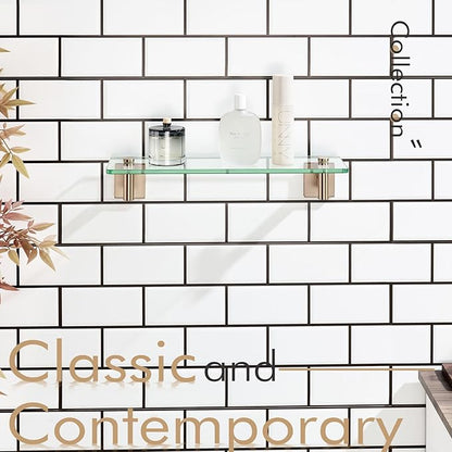 KOKOSIRI Wall Shelves Bathroom Hardware Glass Floating Shelf Small Hanging Rack Storage/Room Decor 16-Inch Champagne Bronze 2 Pack B1105CPG-L16-P2