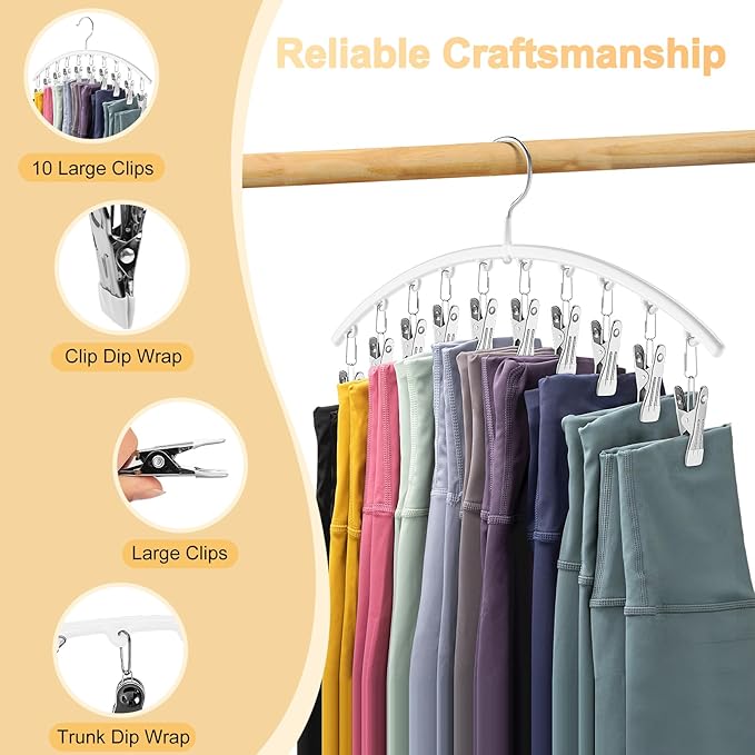 Legging Organizer for Closet, Metal Yoga Pants Hanger w/Rubber Coated 4 Pack w/10 Clips Hold 40 Leggings, Hangers Space Saving Hanging Closet Organizer for Closet Organizers and Storage-White