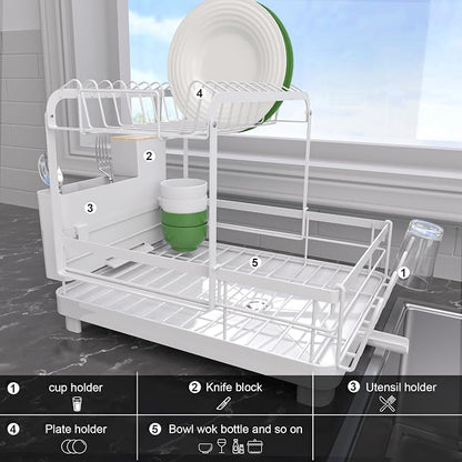 Runnatal Dish Rack with Drainboard, 2-Tier Dish Drying Rack for Kitchen Counter and Sink, Detachable 2-in-1 Utensil Holder, Cup Holder, Large Capacity Dish Drainer, White