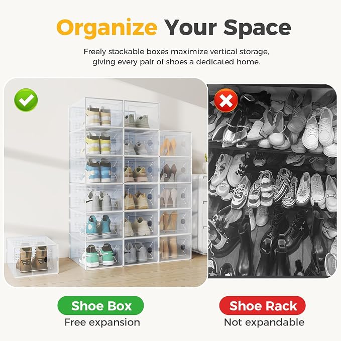 Sweetcrispy Shoe Storage Boxes, Clear Plastic Stackable Shoe Rack Organizer with Lids for Closet, Foldable Sneaker Container, Under Bed and Entryway, 12 Pack, Clear White