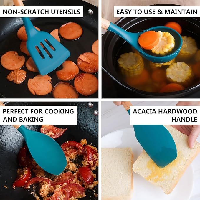 IOCBYHZ Silicone Kitchen Cooking Utensils Set 5Pcs Non-Stick Silicone Kitchen Utensils Set Spatula Spoon Turner Ladle with Wooden Handle, Heat Resistant Cooking Gadgets for Nonstick Cookware BPA-FREE