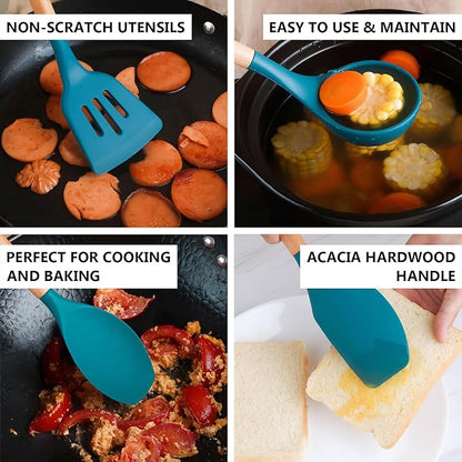 IOCBYHZ Silicone Kitchen Cooking Utensils Set 5Pcs Non-Stick Silicone Kitchen Utensils Set Spatula Spoon Turner Ladle with Wooden Handle, Heat Resistant Cooking Gadgets for Nonstick Cookware BPA-FREE