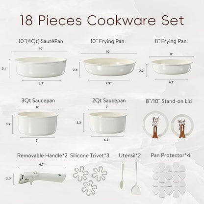 CAROTE 18Pcs Ceramic Cookware Set with Detachable Handle, Pots and Pans Set Non Stick, Non Toxic Kitchen Cooking Sets with Stand-Up Lid, PFAS and PFOA Free, Oven Safe, Induction Ready, Cream White