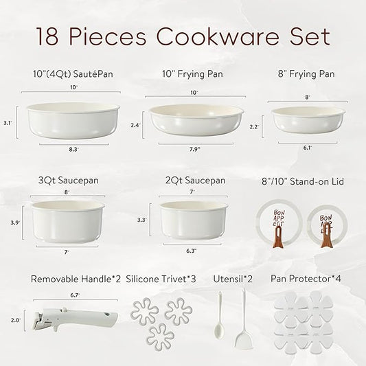 CAROTE 18Pcs Ceramic Cookware Set with Detachable Handle, Pots and Pans Set Non Stick, Non Toxic Kitchen Cooking Sets with Stand-Up Lid, PFAS and PFOA Free, Oven Safe, Induction Ready, Cream White