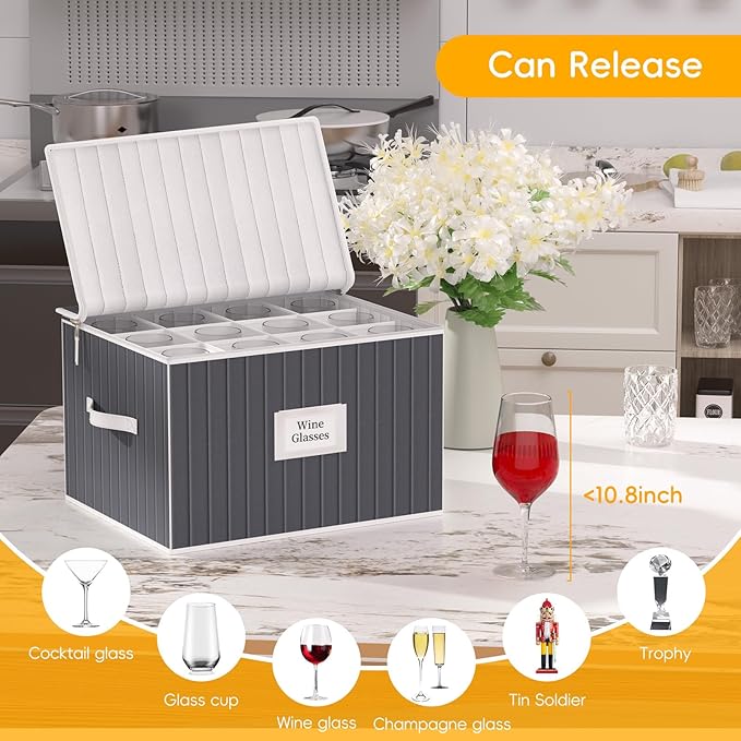 Wine Glass Storage Box, Glassware Storage Containers w/Hard Shell Side Bottom Support & Padded Dividers, Stackable Stemware Storage Case for 24 China Crystal Glasses Drinkware, Moving Supplies