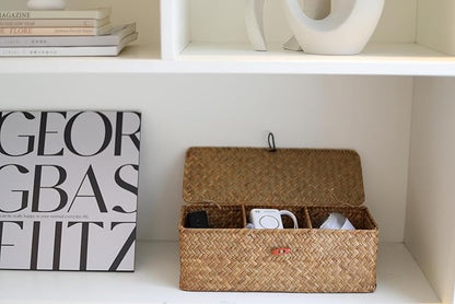 DOKOT Seagrass Woven Storage Basket with Lid, Rectangular Narrow Tampon Toilet Tank Organizer