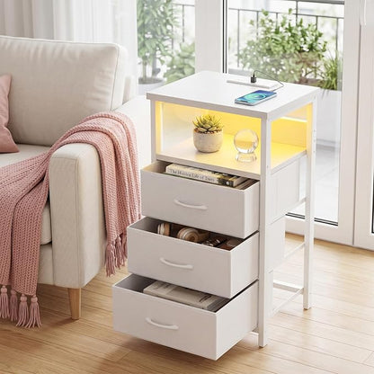 Fixwal White Nightstand with Charging Station, LED Night Stand with 3 Fabric Drawers and Open Shelf, Bedside End Table in Bedroom