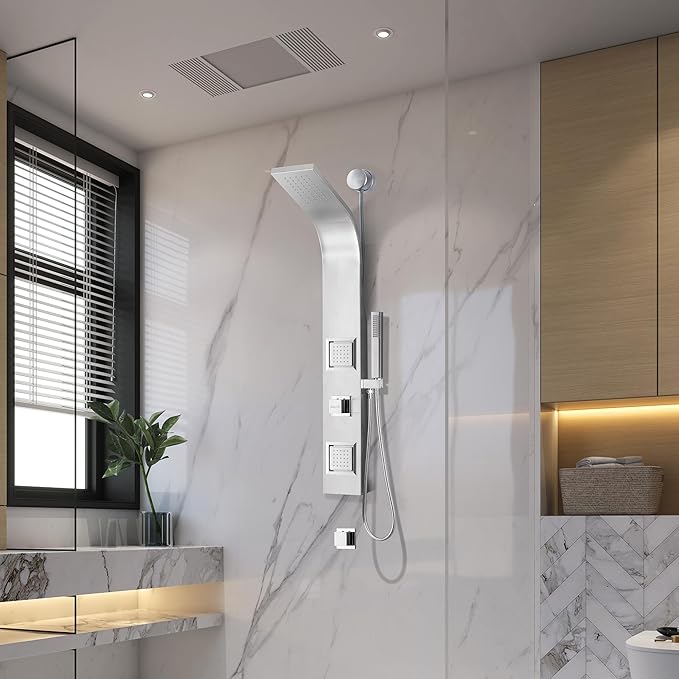 ANZZI Level 66" Body Massage 2-Jetted Shower Panel System with Heavy Rain Shower and Spray Wand in Black, Rainfall Waterfall Tower System with Handheld Shower, SP-AZ078BS