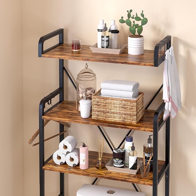 Huhote Over The Toilet Storage Rack with 3-Tier Bathroom Shelves, Space Saver Toilet Shelf, Bathroom Storage Organizer with Hooks for Over Toilet Storage and Shelf (Rustic Brown)
