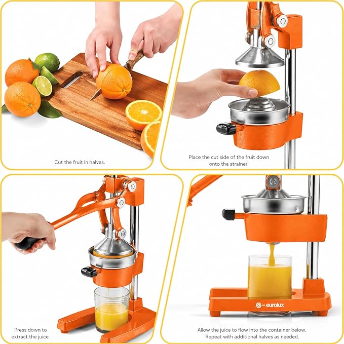 Eurolux Ultra-Premium Cast Iron Juicer | Extra-Large, Heavy Duty, Commercial Grade, Stainless Steel Manual Hand Press Citrus Squeezer For Fresh Orange Juice, Pomegranate, Lemon, and Much More (Orange)