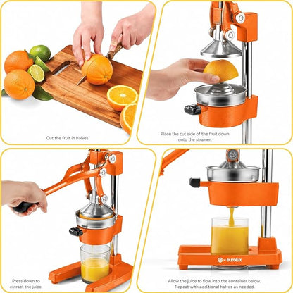 Eurolux Ultra-Premium Cast Iron Juicer | Extra-Large, Heavy Duty, Commercial Grade, Stainless Steel Manual Hand Press Citrus Squeezer For Fresh Orange Juice, Pomegranate, Lemon, and Much More (Orange)