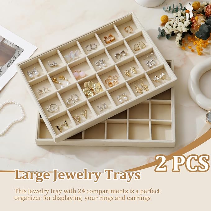 Large Velvet Jewelry Tray 2 Pack Stackable Jewelry Display Drawer Inserts Trays Organizer for Earring Bracelet Necklace Ring (Beige, 24 Grids)
