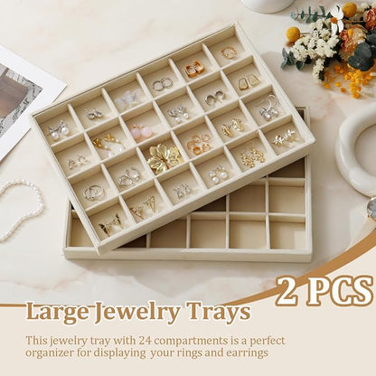 Large Velvet Jewelry Tray 2 Pack Stackable Jewelry Display Drawer Inserts Trays Organizer for Earring Bracelet Necklace Ring (Beige, 24 Grids)