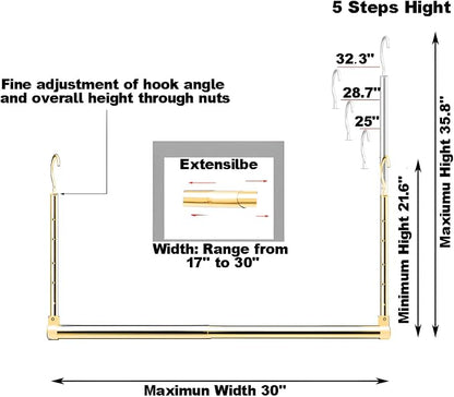 Adjustable Hanging Closet Rod, Extender Hanging Rod, Closet Hanging Organizer, Heavy Duty Closet Bar, Hanging Rod (Gold, 2 Pack)