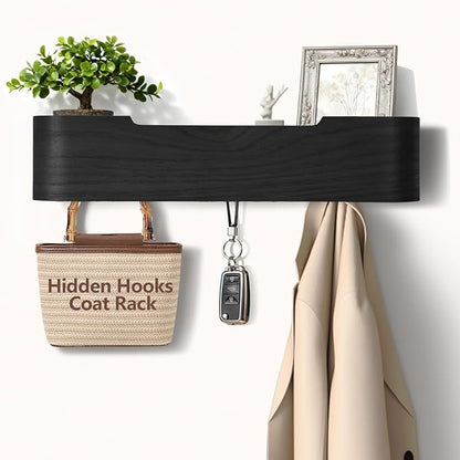 Coat Rack Wall Mount with Shelf 4 Hidden Hooks Modern Wooden Key Holder Entryway Organizer for Hallway Bedroom Bathroom Home Decor Storage for Hanging Coats Hats Bags Towels, Black
