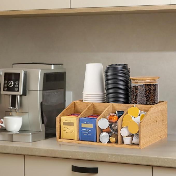 Bamboo Coffee Station Organizer for Countertop, Coffee Bar Accessories Organizer with 5 Compartments for Tea Bags Condiment, Pods, Creamer, Syrup, Cups