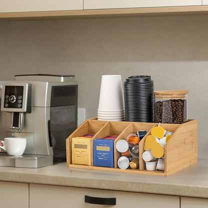 Bamboo Coffee Station Organizer for Countertop, Coffee Bar Accessories Organizer with 5 Compartments for Tea Bags Condiment, Pods, Creamer, Syrup, Cups