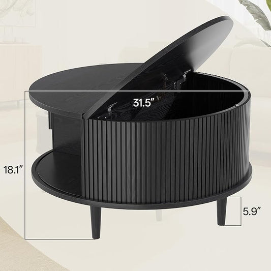 Round Coffee Table with Storage, Mid Century Modern Coffee Table, Fluted Dining Table with Sliding Door, Circle Coffee Table for Living Room Home Office, 31.5", Black