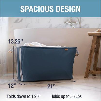 CleverMade Collapsible Laundry Basket LUXE 2 Pack – 60 L (16 Gal) Foldable Cotton Blend Clothes Hamper with Vegan Leather Accents, Reinforced Handles, Space Saving Laundry Bin Holds 55 lbs - Navy