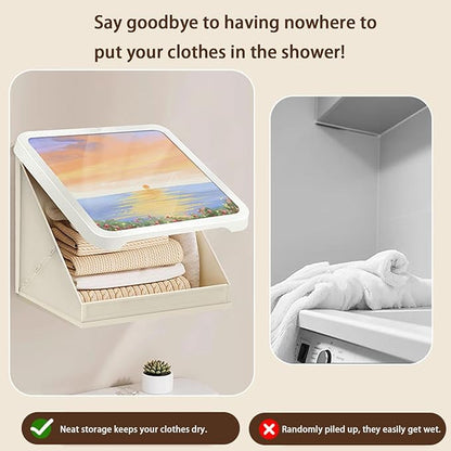 Bathroom Mural Storage Cabinet, 15 * 15in Waterproof Foldable Organizer, No Drill Wall Mounted Shelves with Hooks, Space Saving Decorative Storage Box for Shower, Laundry, Dorm (A)