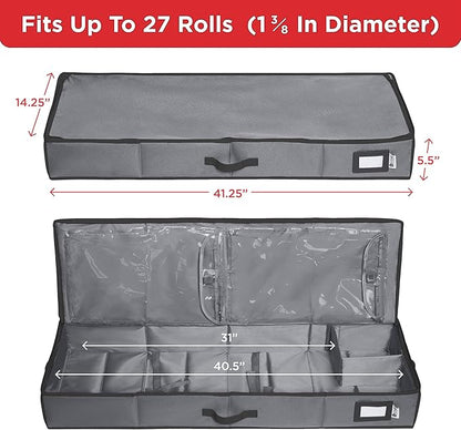 HOLDN’ STORAGE Premium Wrapping Paper Storage Container - Durable 600D Tear-Proof, Fits 27 Rolls Gift Wrap, Extra Pockets for Ribbons & Bows, Underbed Storage - Ideal for Holiday Christmas, Gray