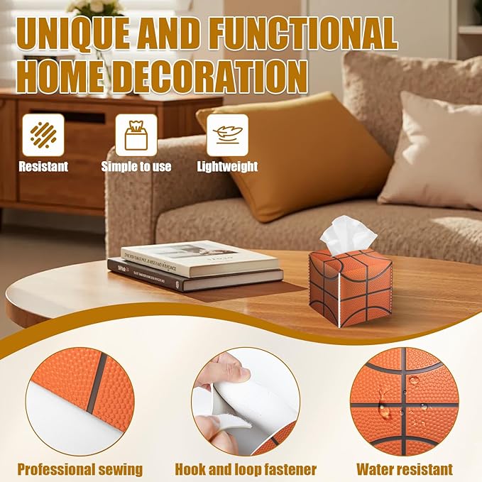 Basketball Tissue Box Cover 2PCS, Sport Ball Leather Tissue Box Holder Square Facial Paper Case Tissue Box Cube Organizer for Bathroom Bedroom Desk Office