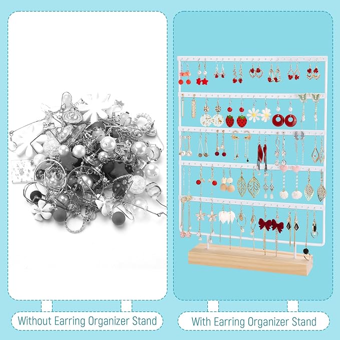 Earring Holder Organizer, 5-Tier Earring Organizer with 60-Pair Capacity, Wooden Base Metal Earring Display, Jewelry Storage & Display for Home Store, Suitable for Women