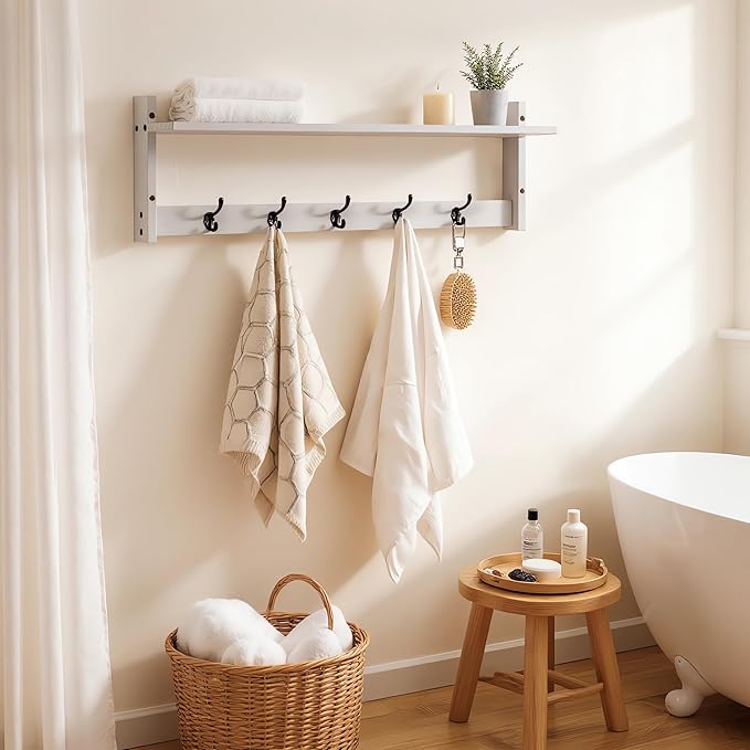 29Inch Wall Mounted Coat Rack with Hooks and Shelf - Large Rustic Wood Coat Hangers for Hats, Keys, Towels, Robes – Functional Entryway Wall Organizer for Bathroom, Kitchen, Mudroom (White)
