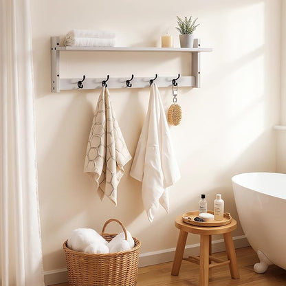 29Inch Wall Mounted Coat Rack with Hooks and Shelf - Large Rustic Wood Coat Hangers for Hats, Keys, Towels, Robes – Functional Entryway Wall Organizer for Bathroom, Kitchen, Mudroom (White)