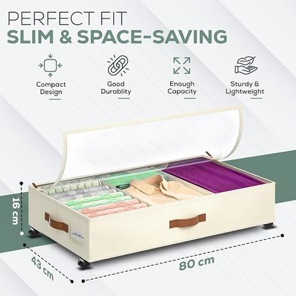 Underbed Storage with Wheels, 2 Pack (36L Each)| Low Profile Storage Organizer with Clear Window, Double Zipper & 360° Locking Wheels – Rolling Metal Drawer for Clothes, Shoes, & More (Beige)