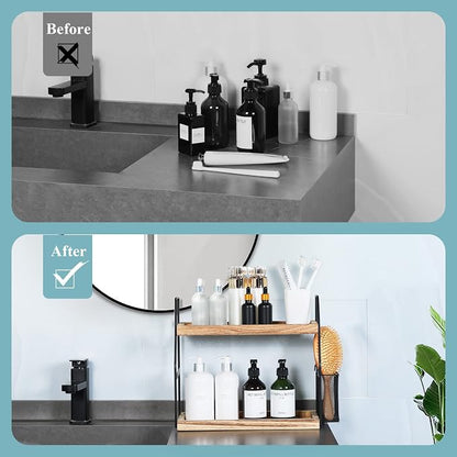 Bathroom Counter Organizer, 2-Tier Standing Storage Shelf with Basket, Wood Tray for Skincare Vanity Organizer