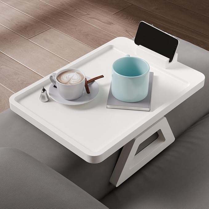 Couch Arm Tray with 360°Phone,Bamboo Folding Sofa Tray,Sofa Armrest Trays Clip-On Couch Desk for Drinks,Snacks,Phone,Remote Control（White）