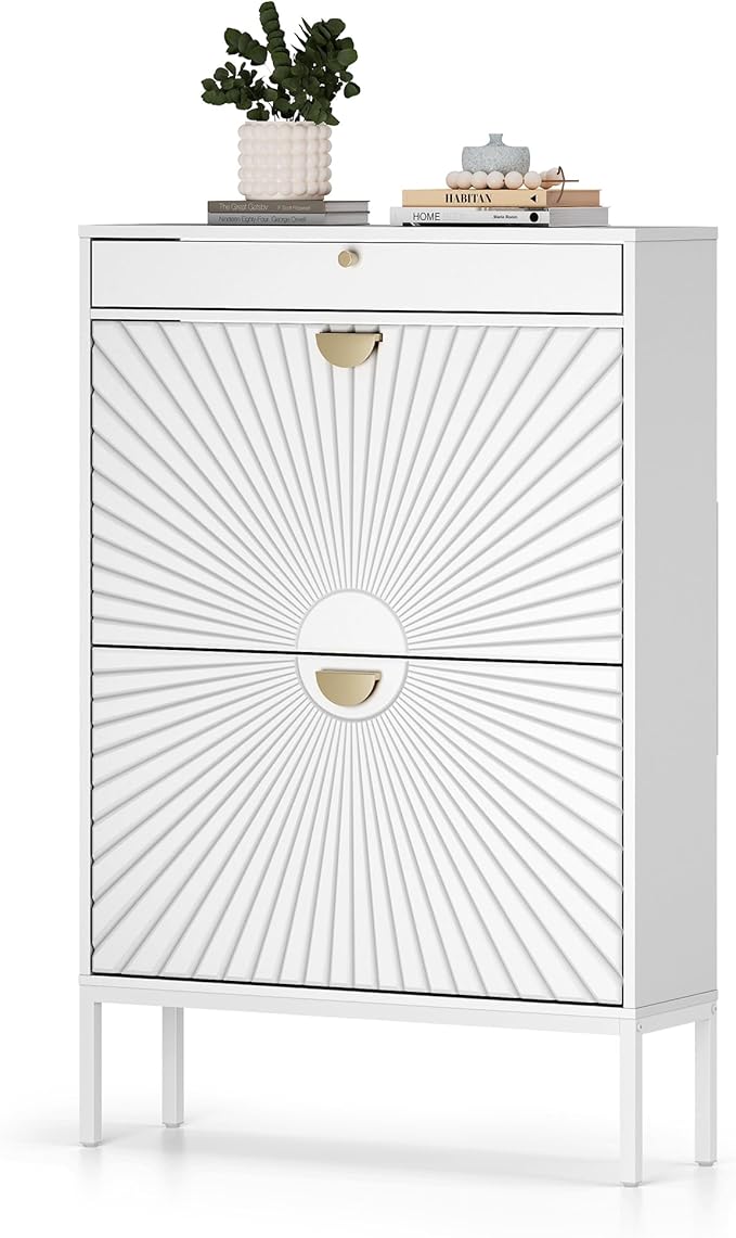 XIAO WEI Shoe Cabinet, Shoe Storage Organizer Cabinet with 2 Flip Half Moon Line Doors, Freestanding Shoe Rack with Adjustable Shelf for Entryway（White