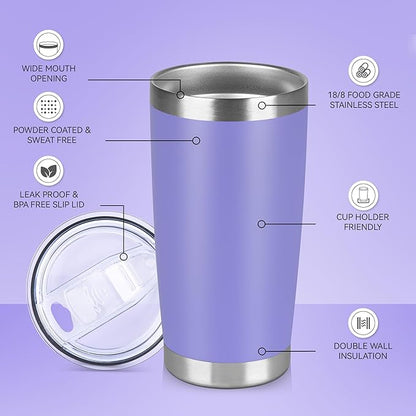 20 oz Tumbler Stainless Steel Tumblers Bulk with Lid Double Wall Insulated Coffee Tumbler Cups for Hot & Cold Drinks Powder Coated Travel Coffee Tumbler Mug Metal (Lavender, 1 pack)