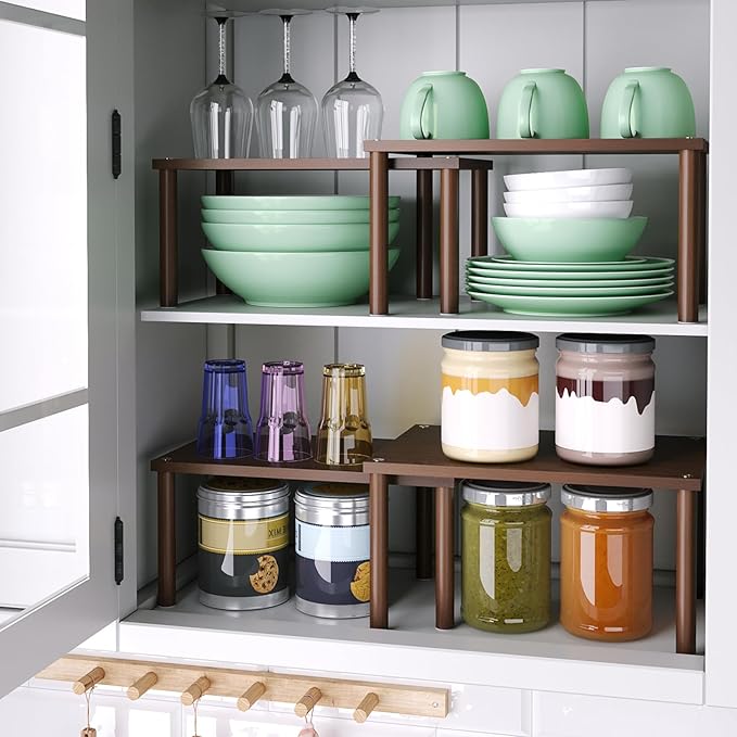 VERTORGAN Cabinet Organizer Shelf(Set of 2),Kitchen Counter Shelves,Bamboo Spice Rack Countertop and Cabinet,Stackable Expandable,Medium(Brown)