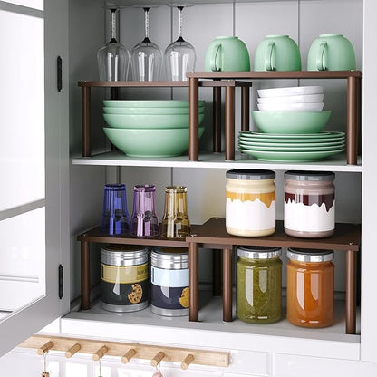 VERTORGAN Cabinet Organizer Shelf(Set of 2),Kitchen Counter Shelves,Bamboo Spice Rack Countertop and Cabinet,Stackable Expandable,Medium(Brown)