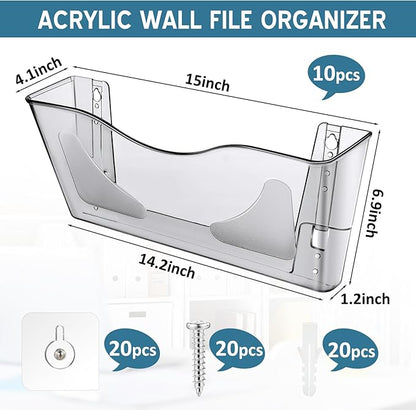 10 Pack Acrylic Single Pocket Hanging File Organizer, Plastic Hanging Wall Mount File Holder Wall Pocket Mails Magazines Organizer Mounted Folder Bins for Office, School and Home