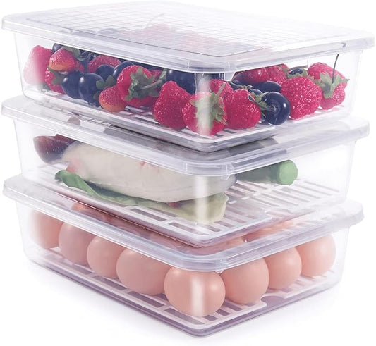 77L Food Storage Container, (3-Pack) Plastic Food Containers with Removable Drain Plate and Lid, Stackable Portable Freezer Storage Containers - Tray to Keep Fruits, Vegetables, Meat and More