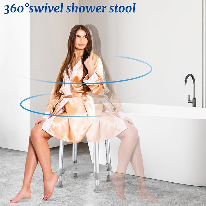 Shower Chair Stool for Inside Shower, Small Corner Plastic Stool for Shower 300 Lb,360° Swivel Bath Shower Seat for Seniors Adults Sitting, Adjustable Bathtub Stool with Storage Tray (Gray)