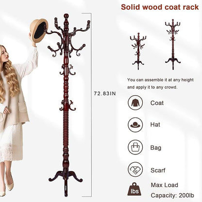 Coat Racks Freestanding, Natural Wood Coat Stands with 14 Hooks, 73" Heavy Duty Adjustable Height Vintage Hall Tree for Entryway, Bedroom, Office, Easy Assembly (Triangular Rosewood)