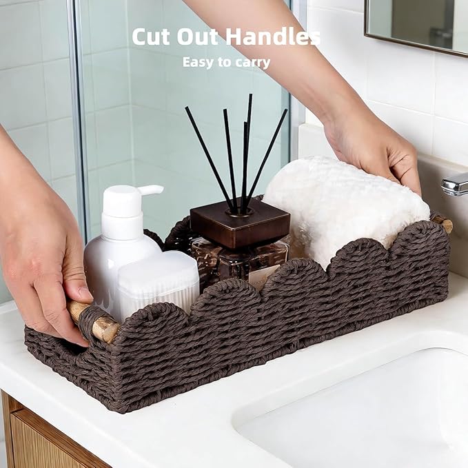 CubesLand Bathroom Basket Organizer w/Cut Out Handle, Back of Toilet Paper Storage Baskets for Bathroom Countertop Decorative, Small Scalloped Wicker Basket Also for Home Decor, Living Room, Brown