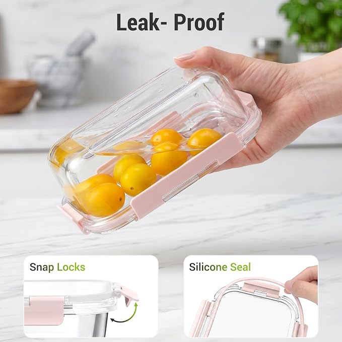Dealusy 10 Sets (20-Piece) 4.5 Cup & 1.5 Cup Glass Food Storage Containers with lids, Airtight Leak-proof Glass Meal Prep Containers with Lids, Microwave Oven Freezer Dishwasher Safe, Pink