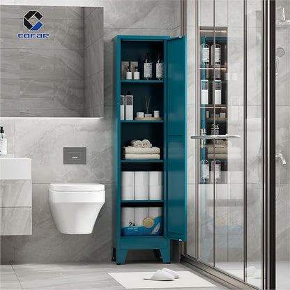COFaR 67'' Tall Narrow Bathroom Storage Cabinet, Metal Farmhouse Skinny Pantry Cabinet with 4 Adjustable Shelves and One Door, Slim Cabinet Storage for Kitchen Laundry, 5-Tier Peacock Blue