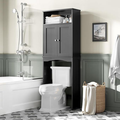 Over The Toilet Storage Cabinet, Over The Toilet Storage with Adjustable Shelf and Double Doors, Above Toilet Storage Cabinet for Bathroom Storage Over Toilet Bathroom Organizer (Black)