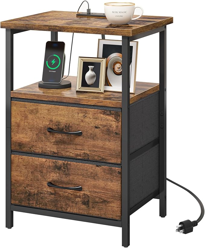 Fixwal Night Stand with Charger Station, Nightstand with Charging Station & Fabric Drawers，Rustic Brown