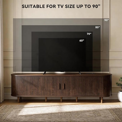 80" Mid Century Modern TV Stand with Power Outlet, Fluted Entertainment Center with Storage and Adjustable Shelves, Wood TV Console with Sliding Doors for Living Room, Walnut